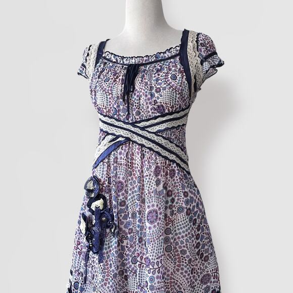 Paisley Romantic Boho Midi Dress O/S Lace Femme Lolita Coquette Purple Navy Blue - Picture 3 of 9